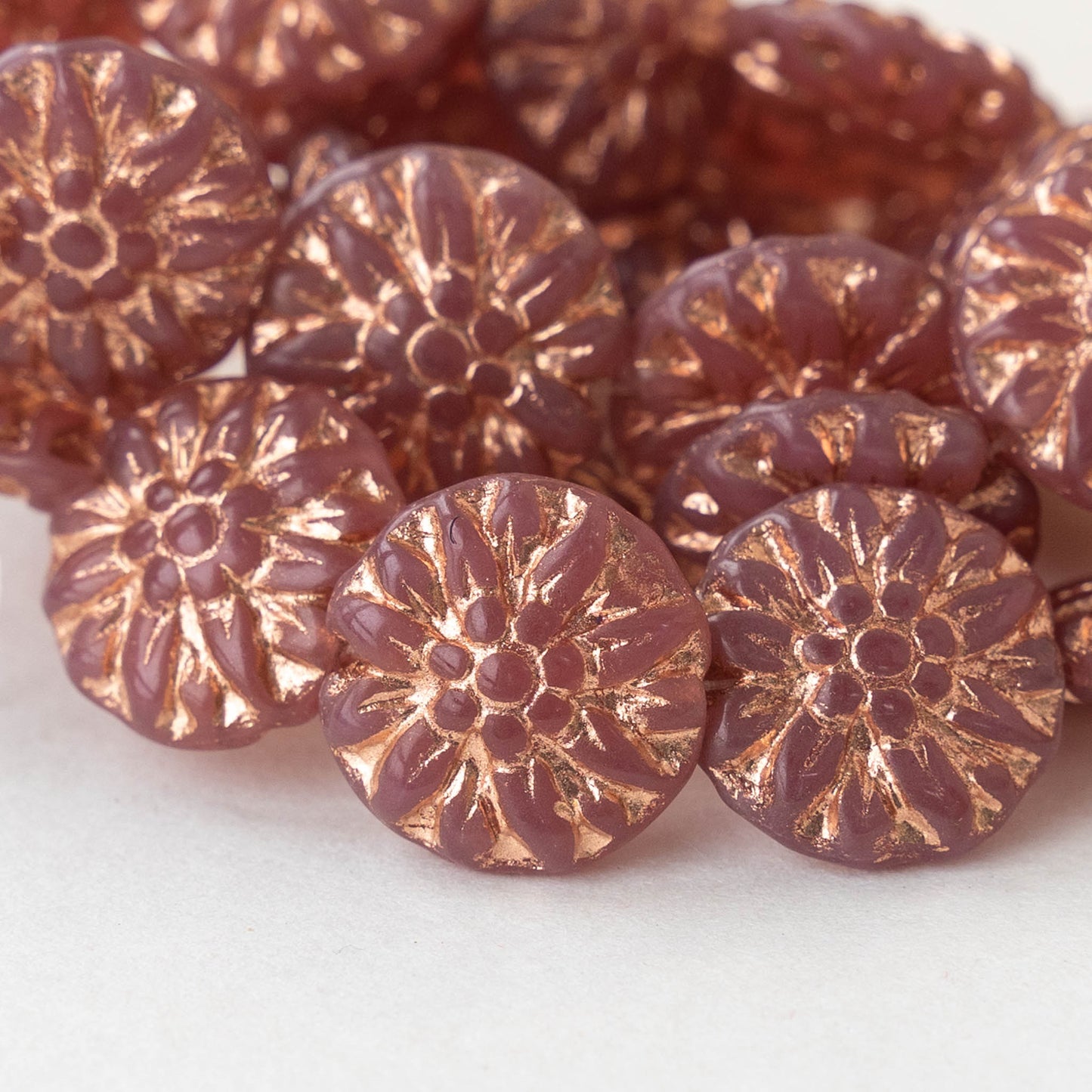 Load image into Gallery viewer, 14mm Dahlia Flower Beads - Dusty Rose with Copper Wash - 10 Beads
