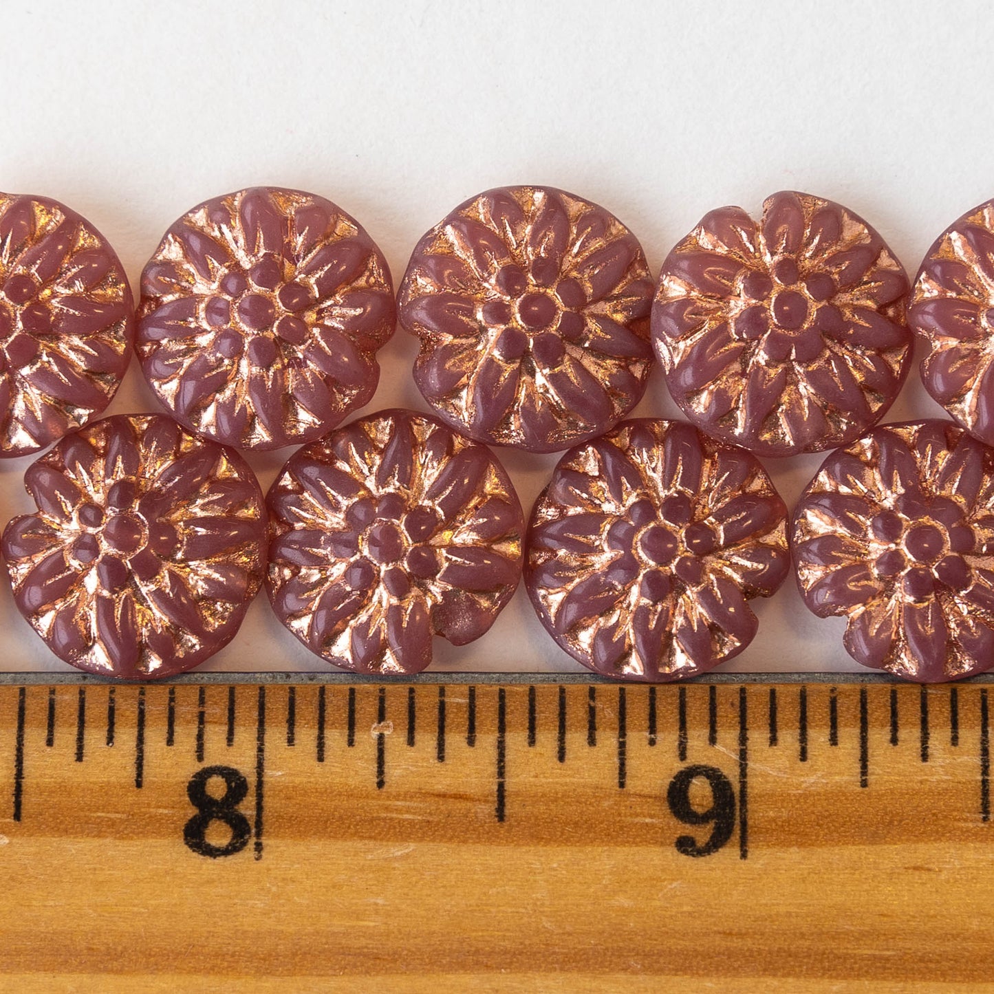 14mm Dahlia Flower Beads - Dusty Rose with Copper Wash - 10 Beads