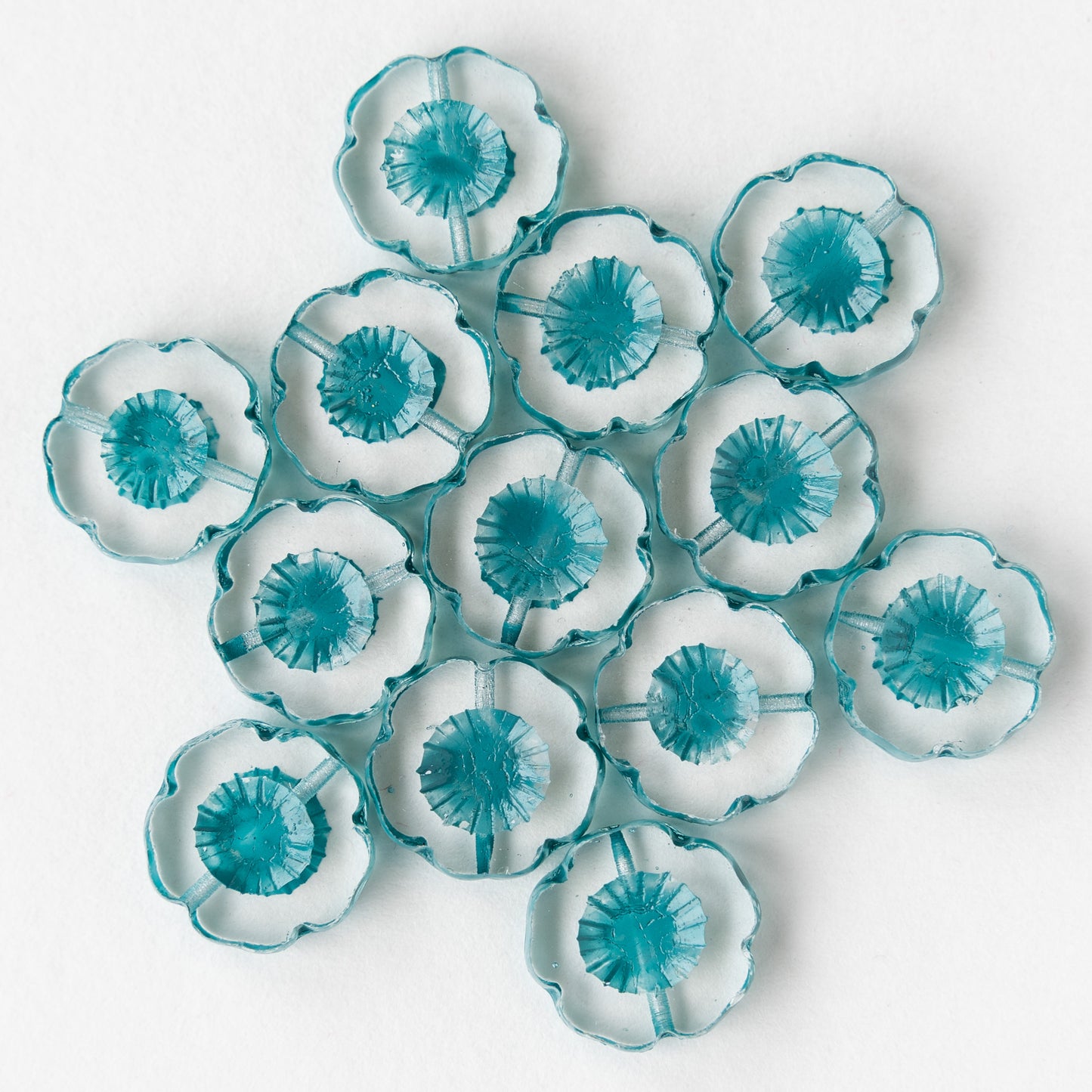 14mm Hibiscus Flower Bead - Crystal with Teal Wash - 10