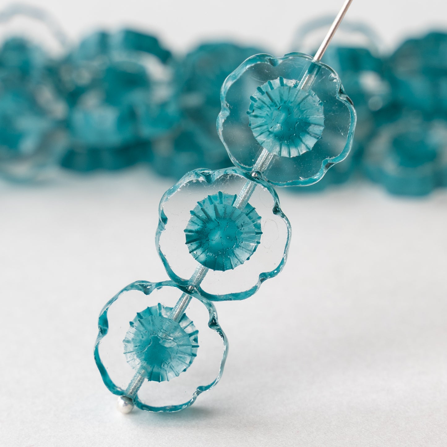 14mm Hibiscus Flower Bead - Crystal with Teal Wash - 10