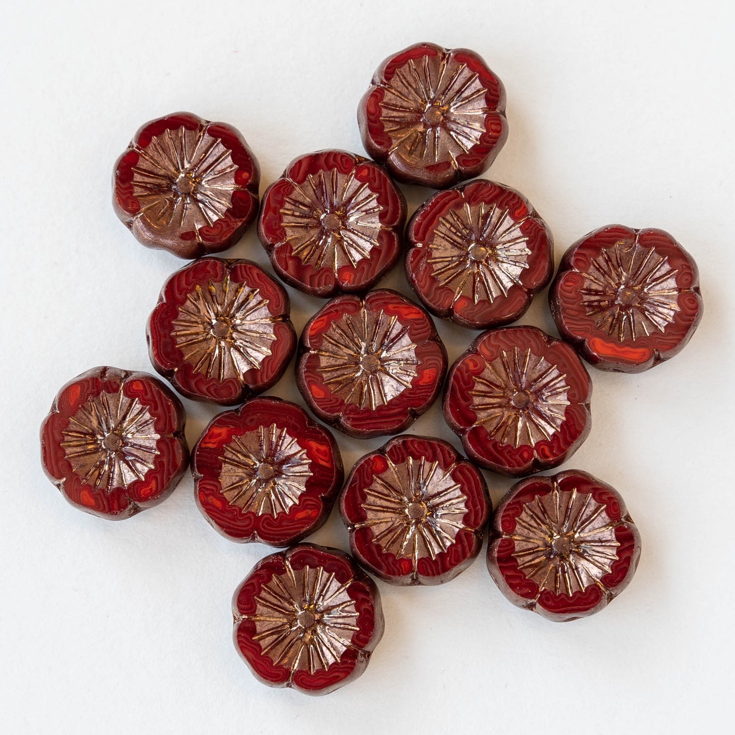 14mm Flower Beads - Ruby Red Mix with Bronze Finish - 10 Beads