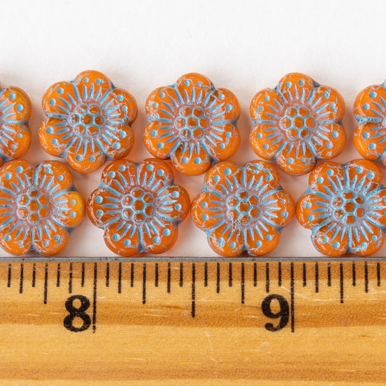 14mm Glass Flower Beads - Orange with Aqua Wash - 12 Beads