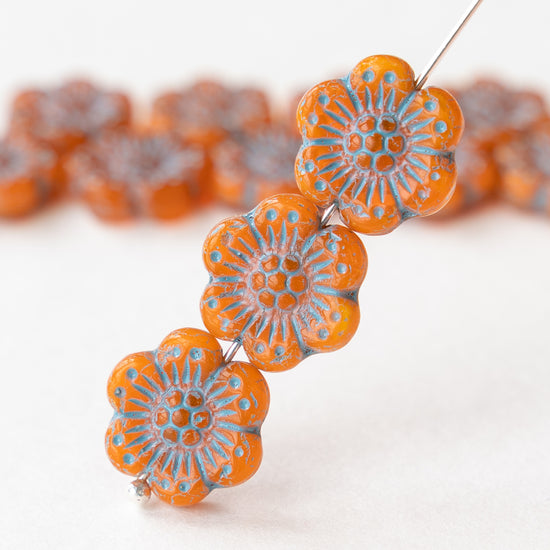14mm Glass Flower Beads - Orange with Aqua Wash - 12 Beads