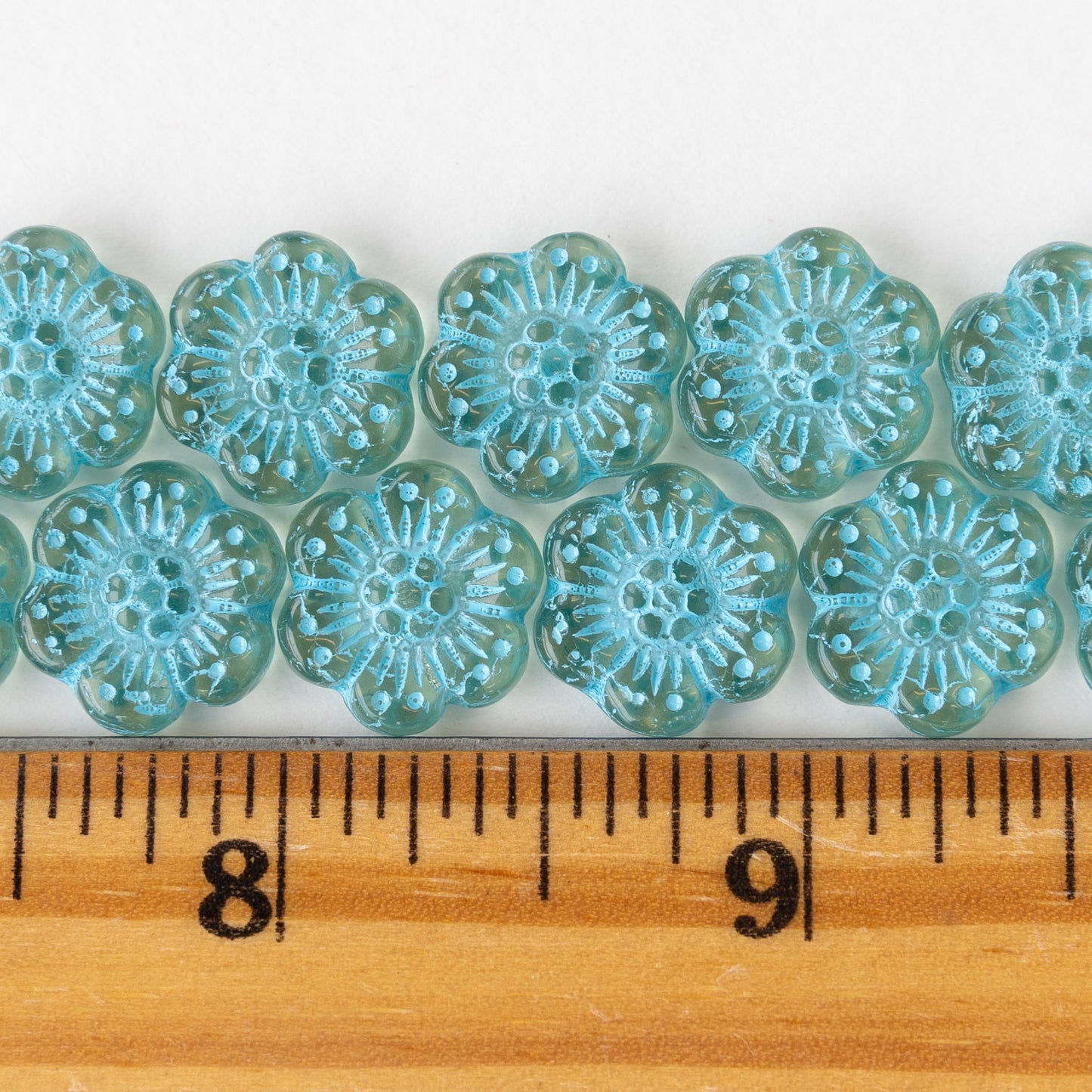 14mm Anemone Flower Beads -  Seafoam with Aqua Wash - 12 Beads