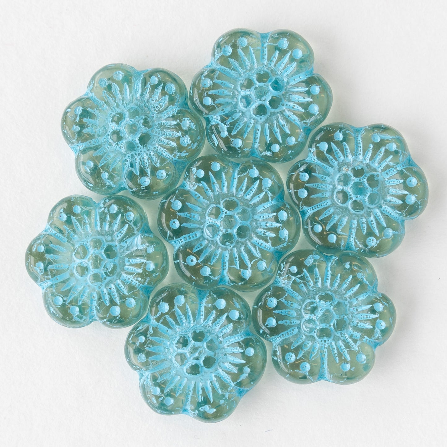 14mm Anemone Flower Beads -  Seafoam with Aqua Wash - 12 Beads