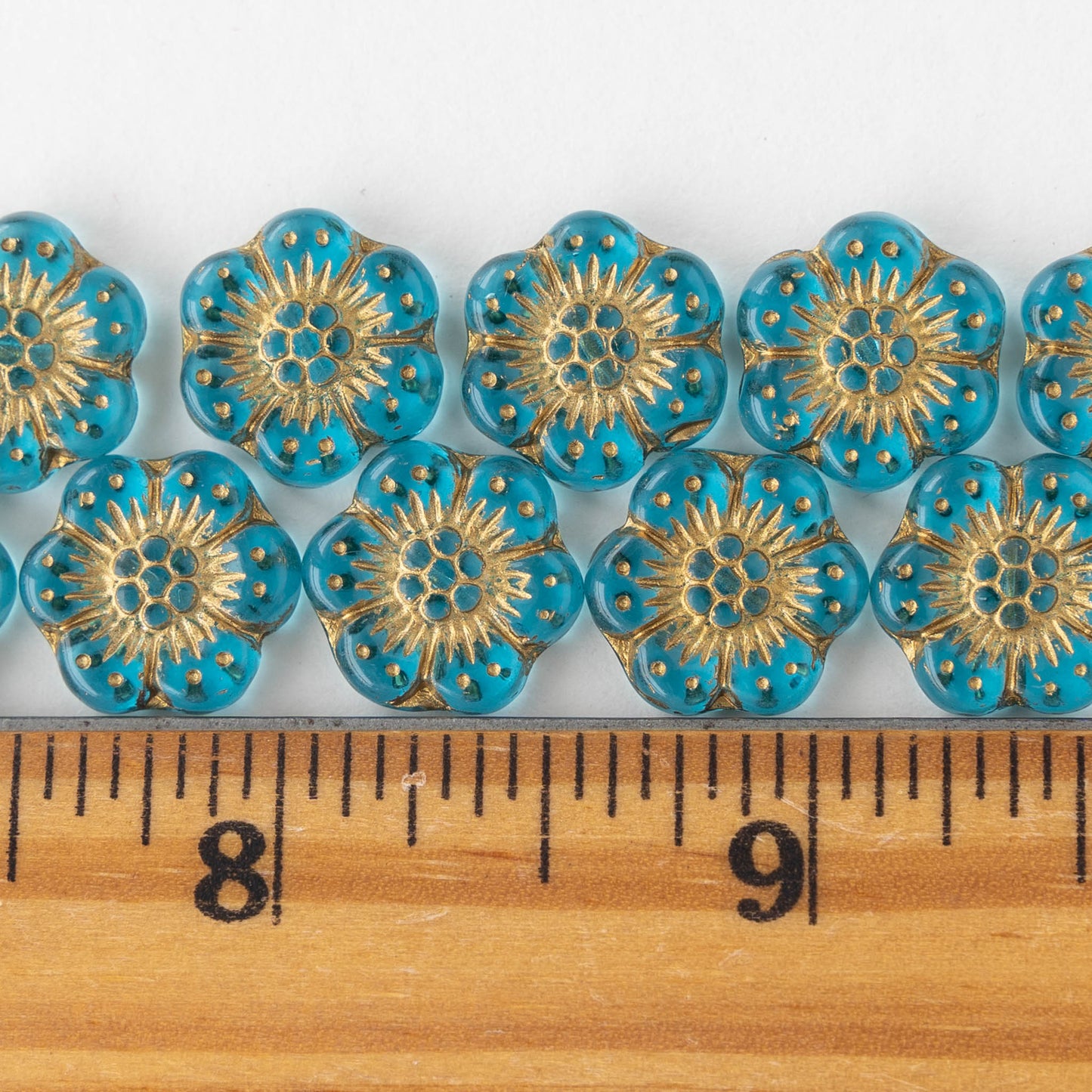 14mm Anemone Flower Beads - Aqua Green  with Gold Wash - 12 Beads