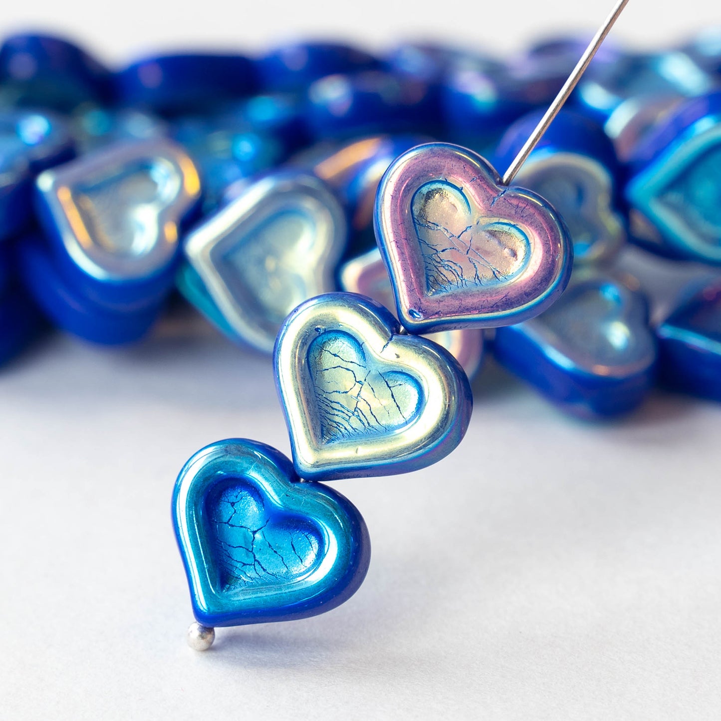 14mm Heart Beads - Opaque Blue Iridescent AB - 10 hearts
