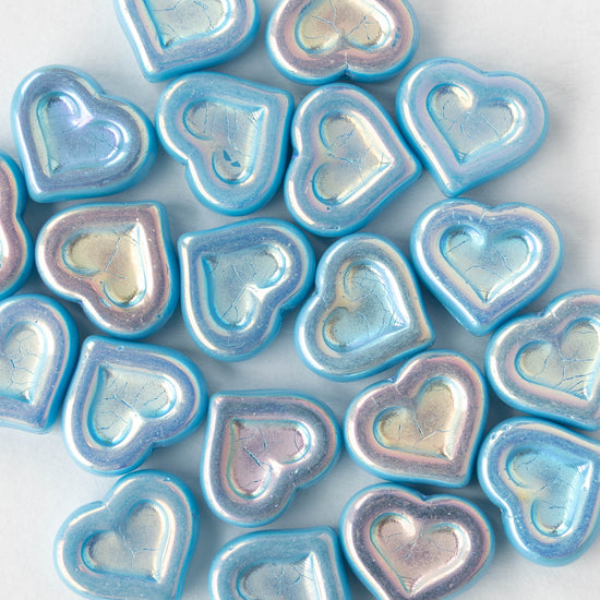 14mm Heart Beads - Aqua Iridescent AB - 10 hearts