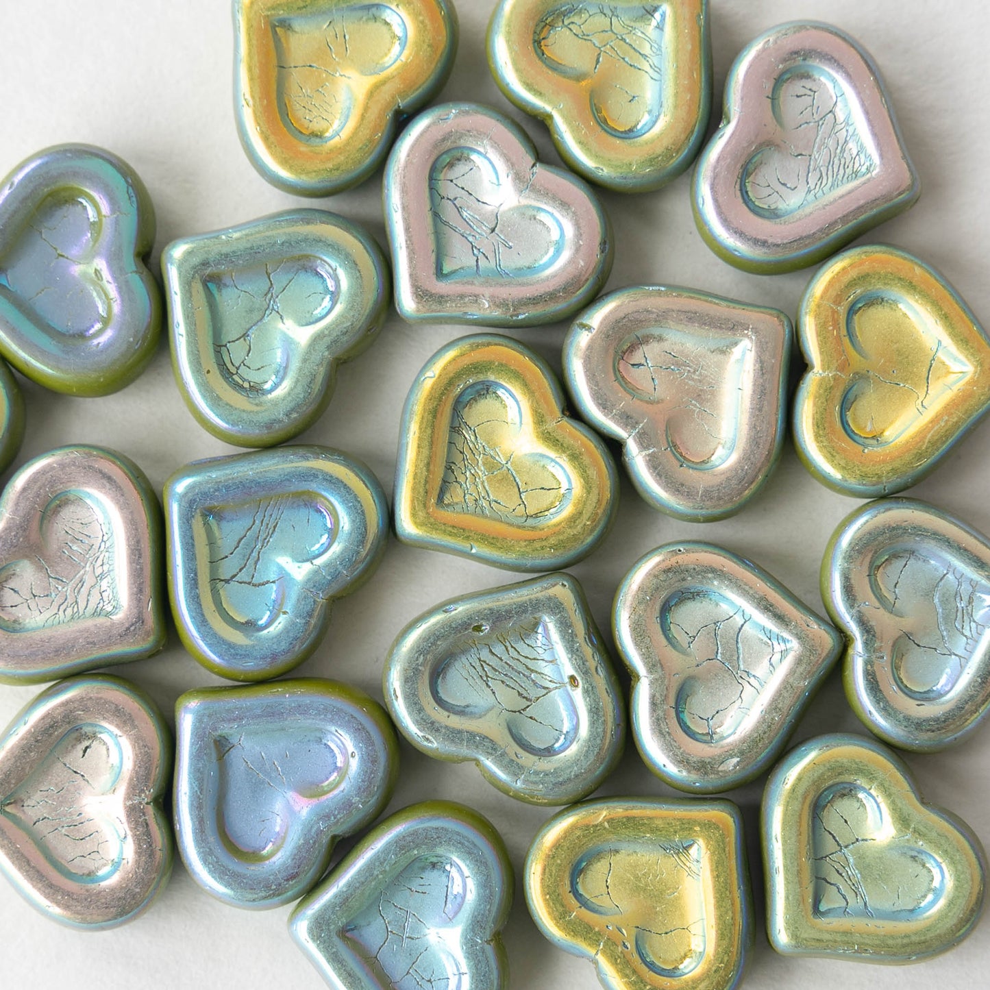 14mm Heart Beads - Olive Green Iridescent AB - 10 hearts
