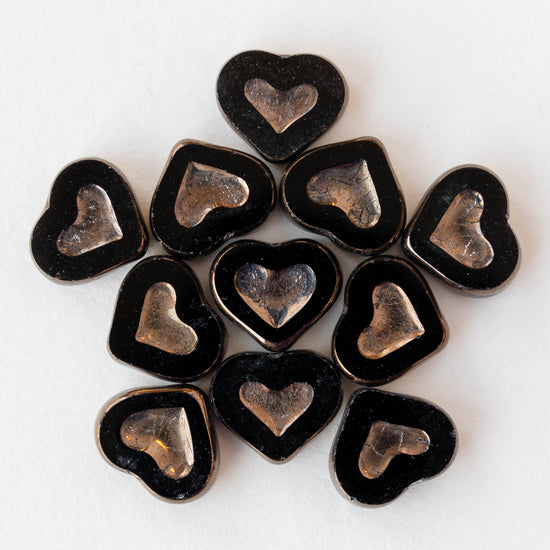 14mm Heart Beads - Black with Gold Wash - 10 hearts
