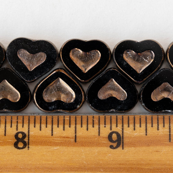 14mm Heart Beads - Black with Gold Wash - 10 hearts