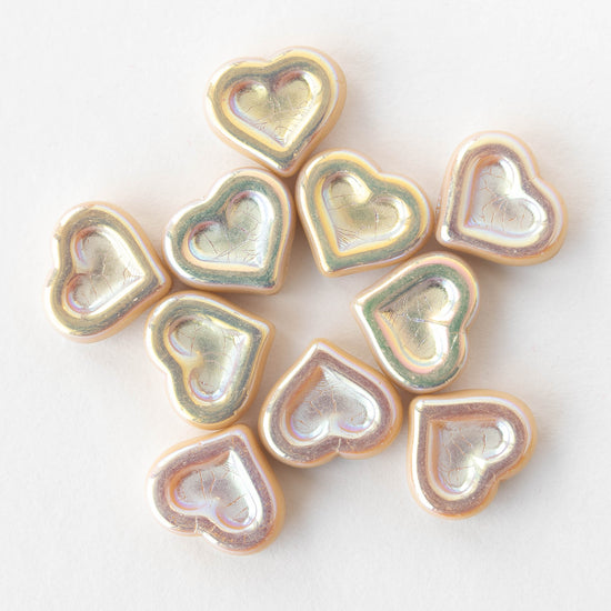14mm Glass Heart Beads - Ivory Luster - 10 hearts
