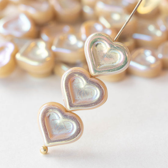 14mm Glass Heart Beads - Ivory Luster - 10 hearts