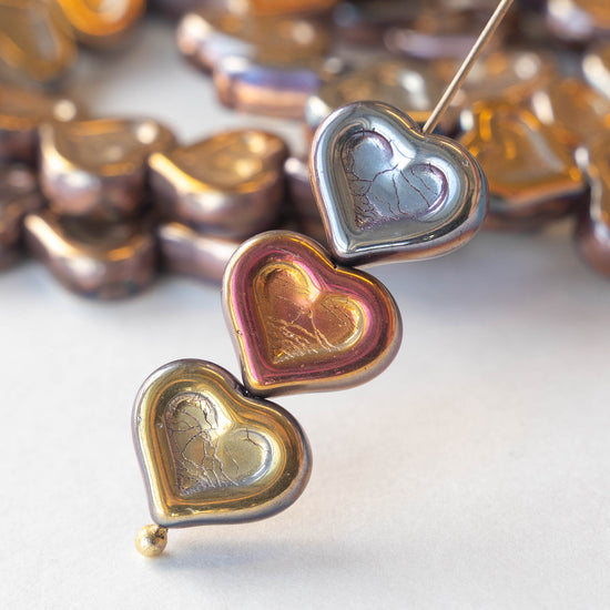 14mm Glass Heart Beads - Metallic Color Mix - 10 hearts