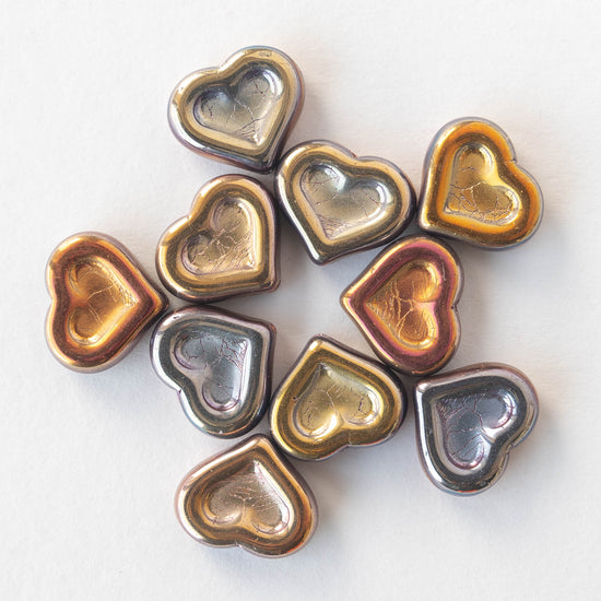 14mm Glass Heart Beads - Metallic Color Mix - 10 hearts