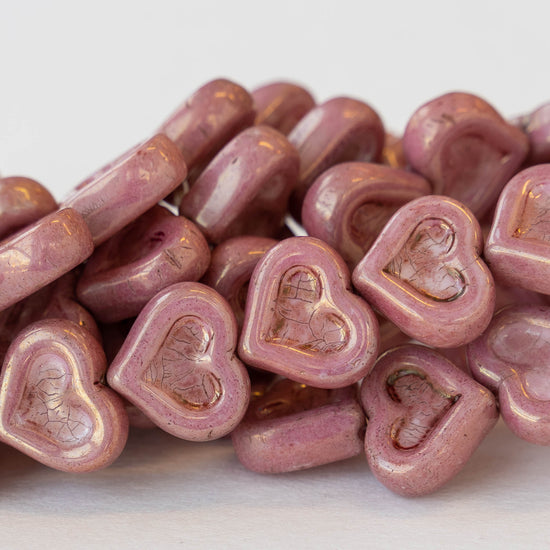 14mm Glass Heart Beads -   Opaque Dusty Rose with a Picasso Finish - 10 hearts