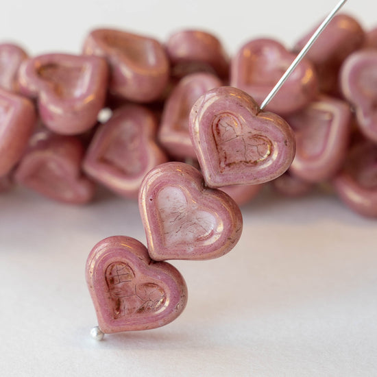 14mm Glass Heart Beads -   Opaque Dusty Rose with a Picasso Finish - 10 hearts