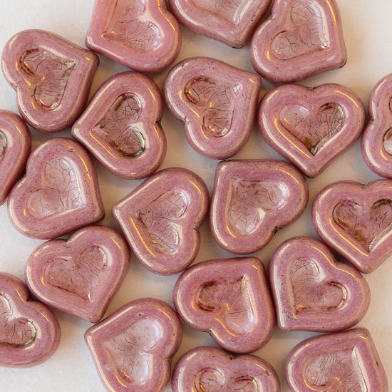 14mm Glass Heart Beads -   Opaque Dusty Rose with a Picasso Finish - 10 hearts