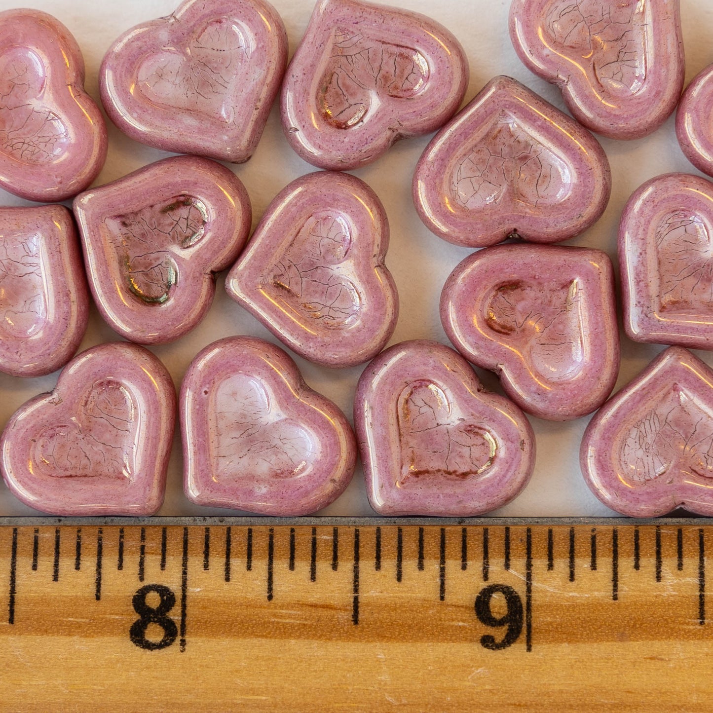 14mm Glass Heart Beads -   Opaque Dusty Rose with a Picasso Finish - 10 hearts