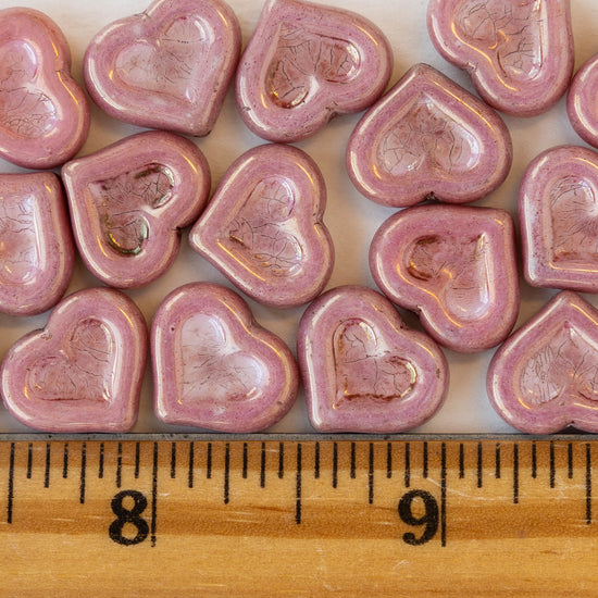 14mm Glass Heart Beads -   Opaque Dusty Rose with a Picasso Finish - 10 hearts