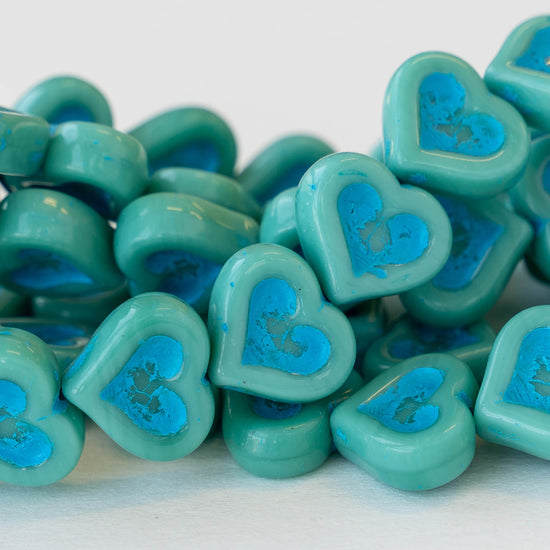 14mm Heart Beads - Turquoise with an Aqua Blue Wash - 10 hearts