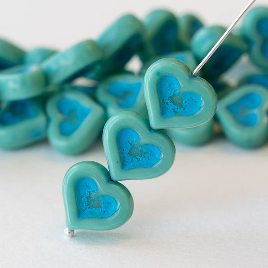 14mm Heart Beads - Turquoise with an Aqua Blue Wash - 10 hearts