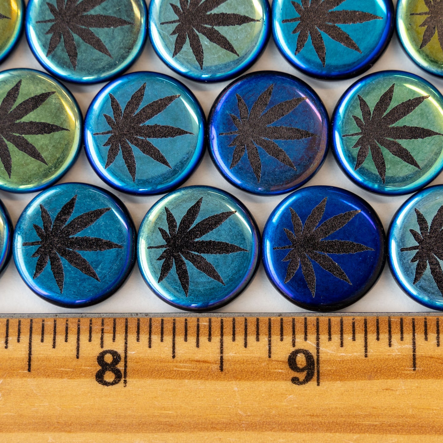 17mm Glass Leaf Coin Beads - Blues - 8 beads