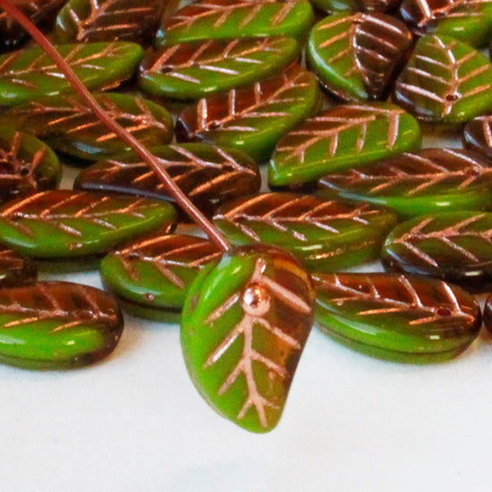 Load image into Gallery viewer, Czech Glass Leaf Beads - Amber/Green with Gold Wash - 10 beads
