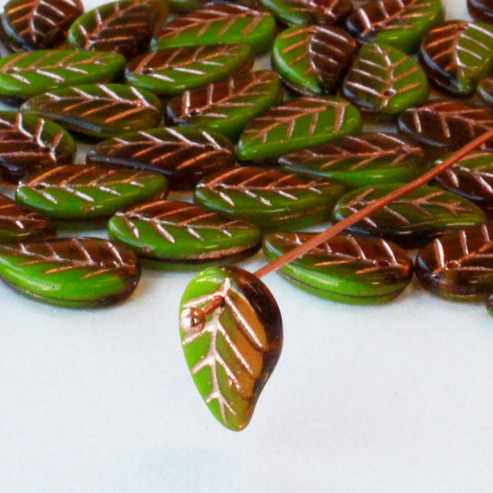 Load image into Gallery viewer, Czech Glass Leaf Beads - Amber/Green with Gold Wash - 10 beads

