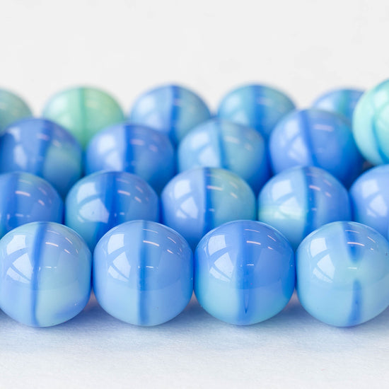 14mm Round Glass Beads - Periwinkle Blue and Seafoam Green Mix - 10 beads