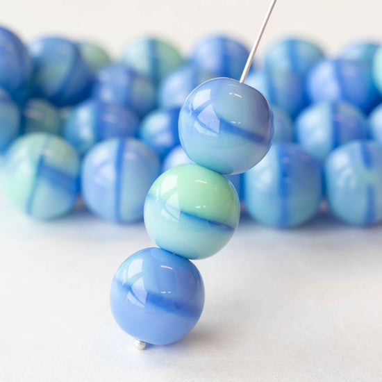 14mm Round Glass Beads - Periwinkle Blue and Seafoam Green Mix - 10 beads