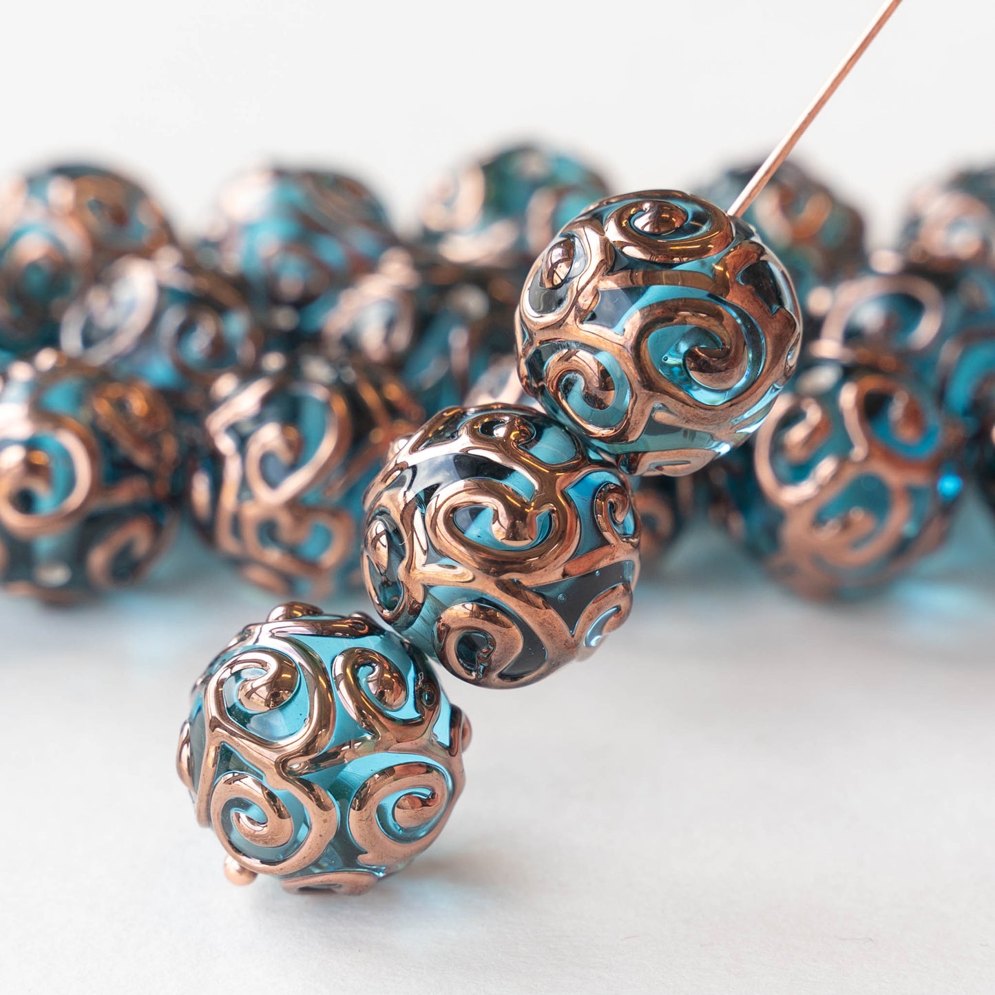 14mm Round Lampwork Beads - Aquamarine - 2, 4 or 8