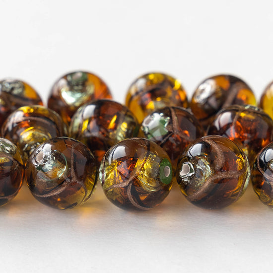 14mm Round Handmade Lampwork Foil Beads - Czech Glass Beads - Amber - 2, 4 or 8
