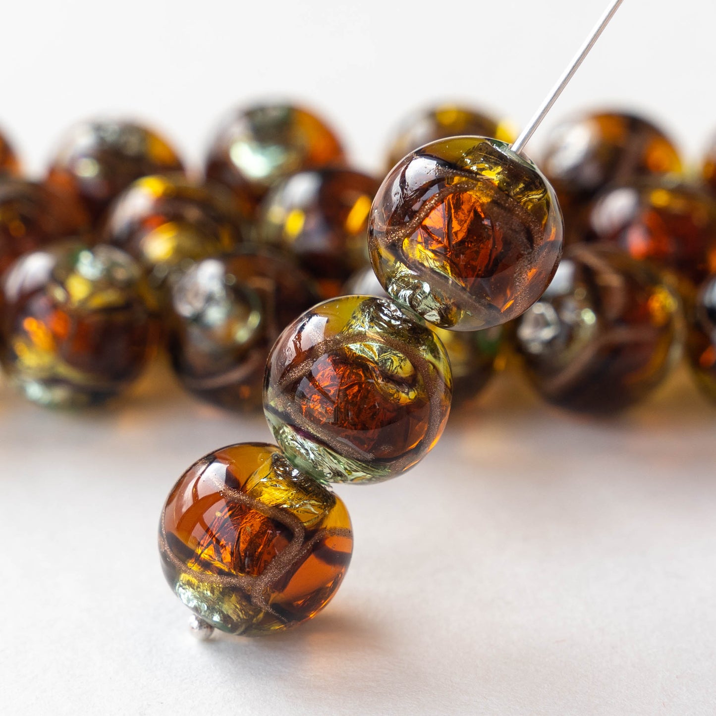 14mm Round Handmade Lampwork Foil Beads - Czech Glass Beads - Amber - 2, 4 or 8