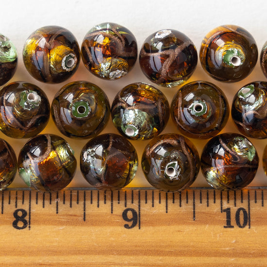 Load image into Gallery viewer, 14mm Round Handmade Lampwork Foil Beads - Czech Glass Beads - Amber - 2, 4 or 8
