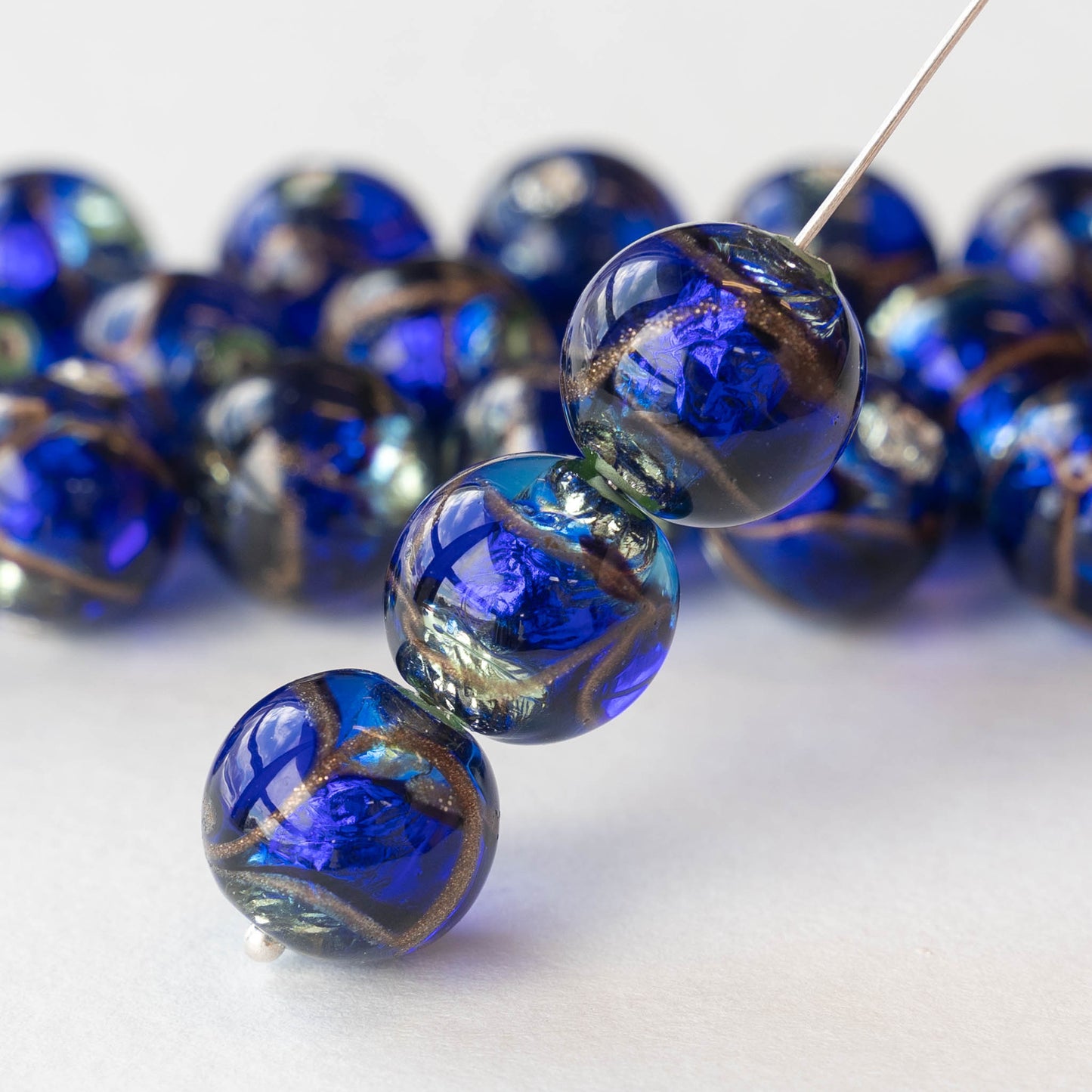 14mm Handmade Lampwork Foil Beads - Cobalt Blue - 2, 4 or 8