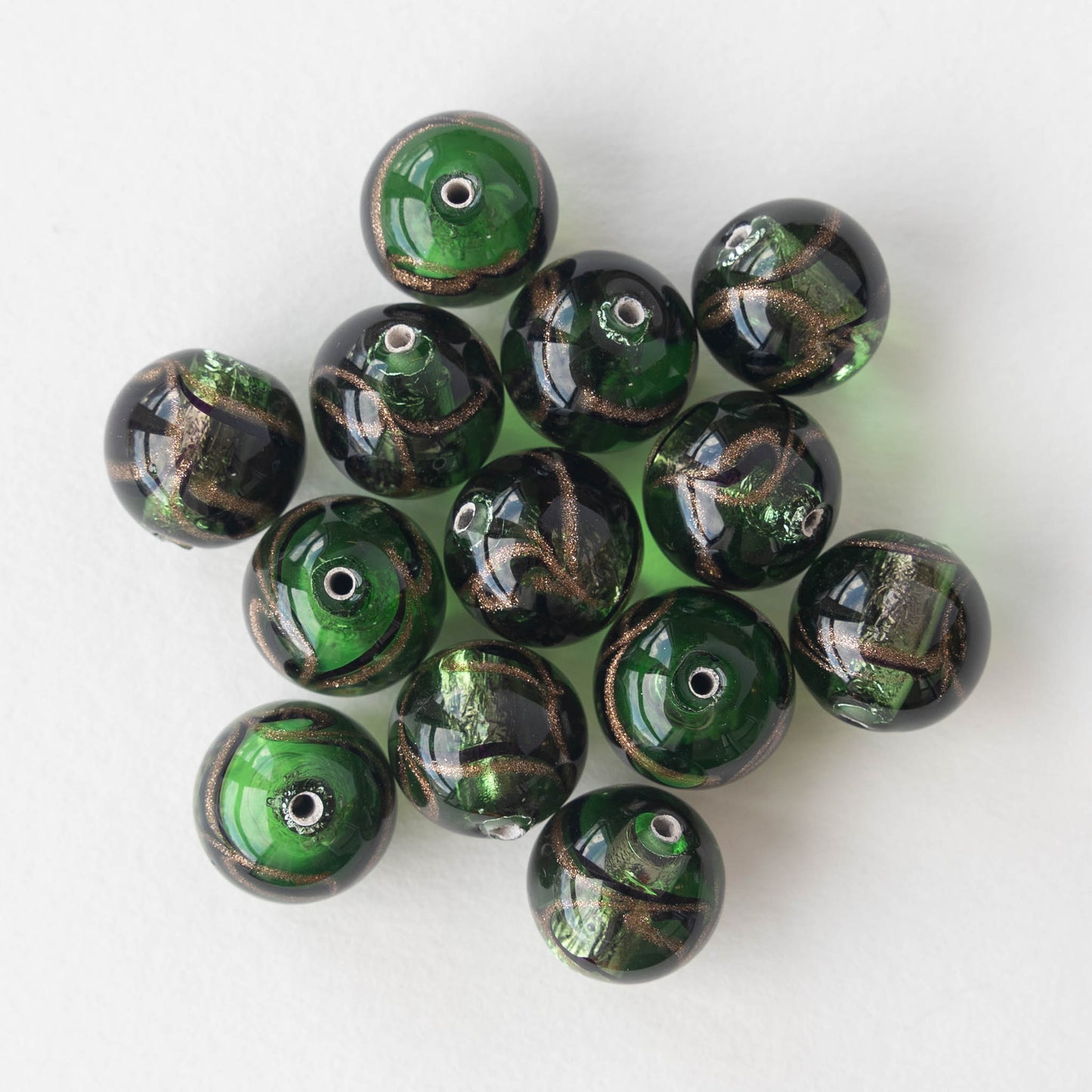 Load image into Gallery viewer, 14mm Handmade Lampwork Foil Beads - Green - 2, 4 or 8
