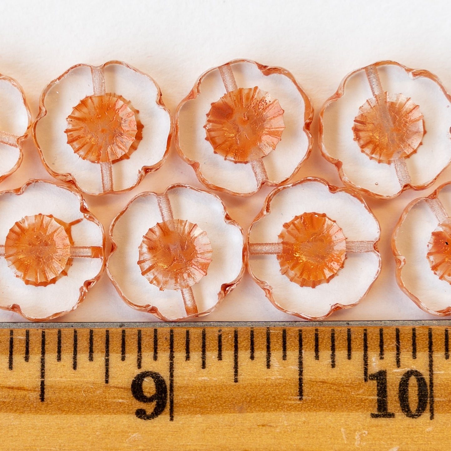 14mm Flower Beads - Crystal with Orange Wash - 10 Beads