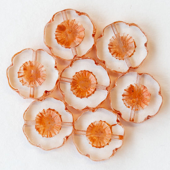14mm Flower Beads - Crystal with Orange Wash - 10 Beads