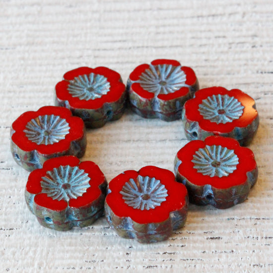 14mm Hibiscus Flower Bead - Red with Blue Wash - 10 Beads