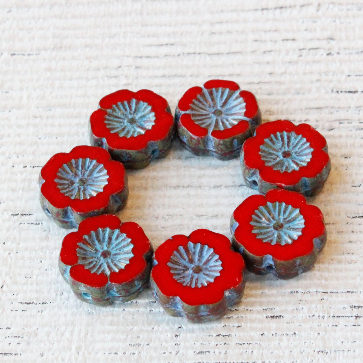 14mm Hibiscus Flower Bead - Red with Blue Wash - 10 Beads