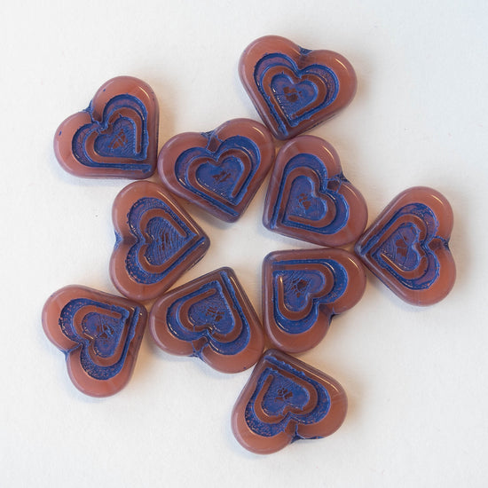 16mm Heart Beads - Pink with Blue Wash - 10 hearts