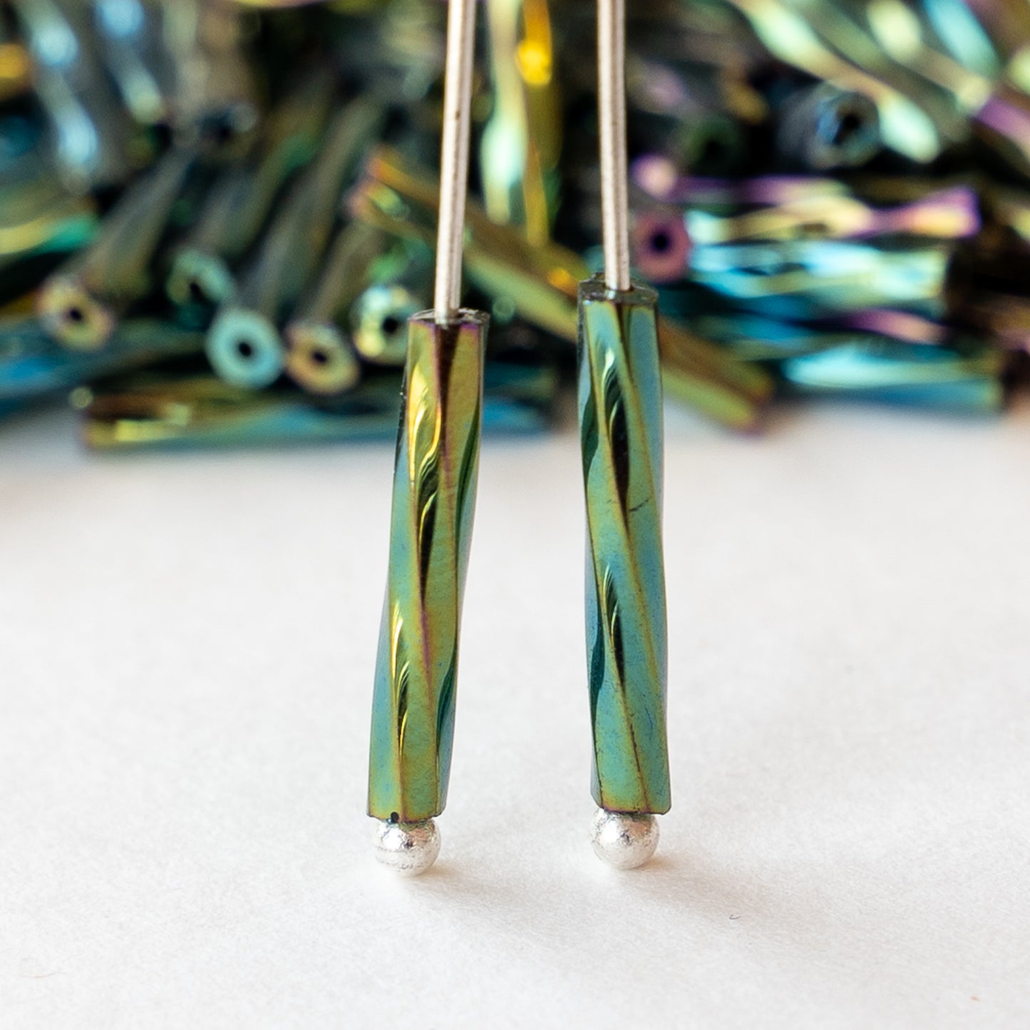 15mm Twisted Bugle Beads - Green Iris - 200 Beads
