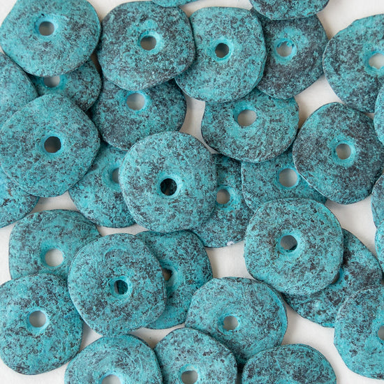 Mykonos 15mm Cornflake Beads - Green Patina