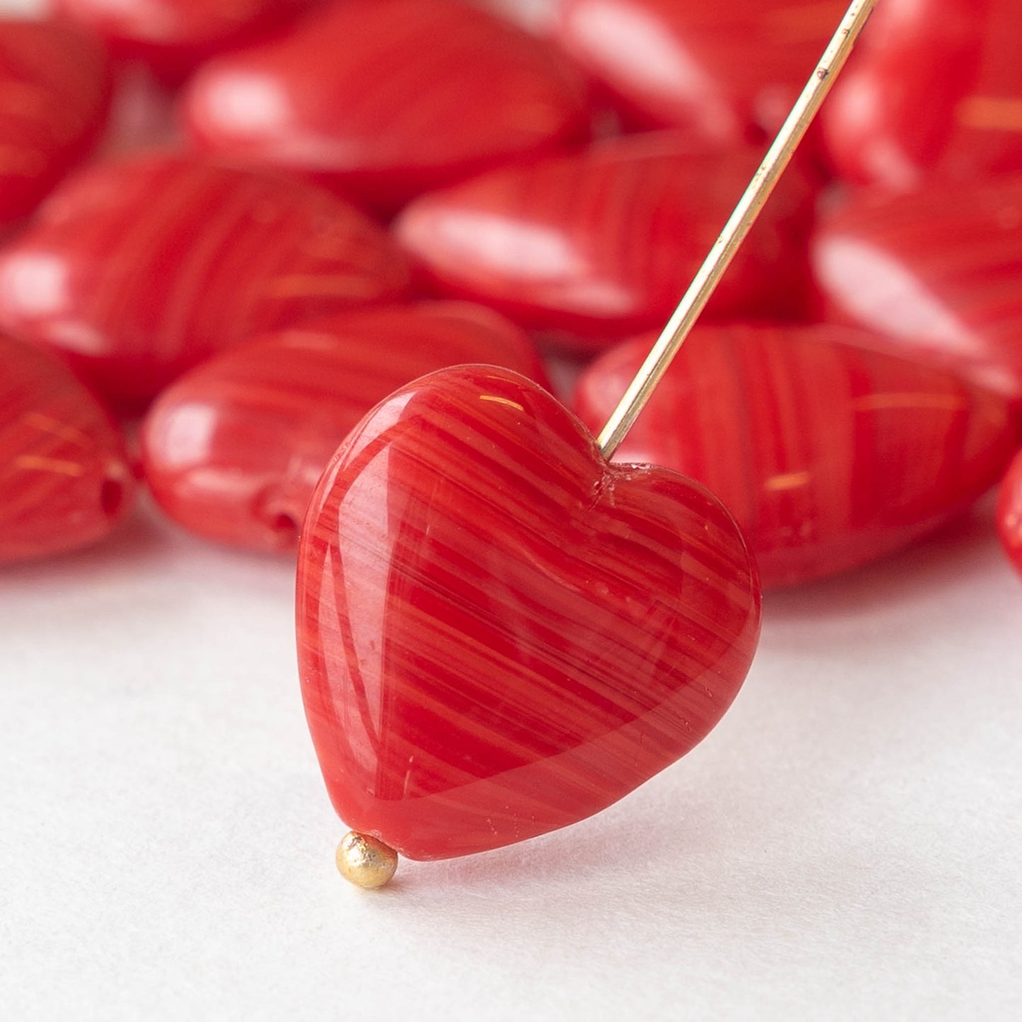 15mm Glass Heart Beads - Orange  Striped - 10
