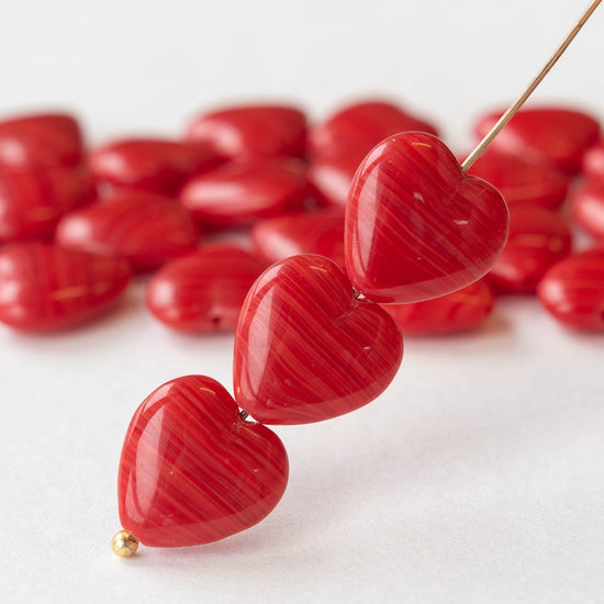 15mm Glass Heart Beads - Orange  Striped - 10