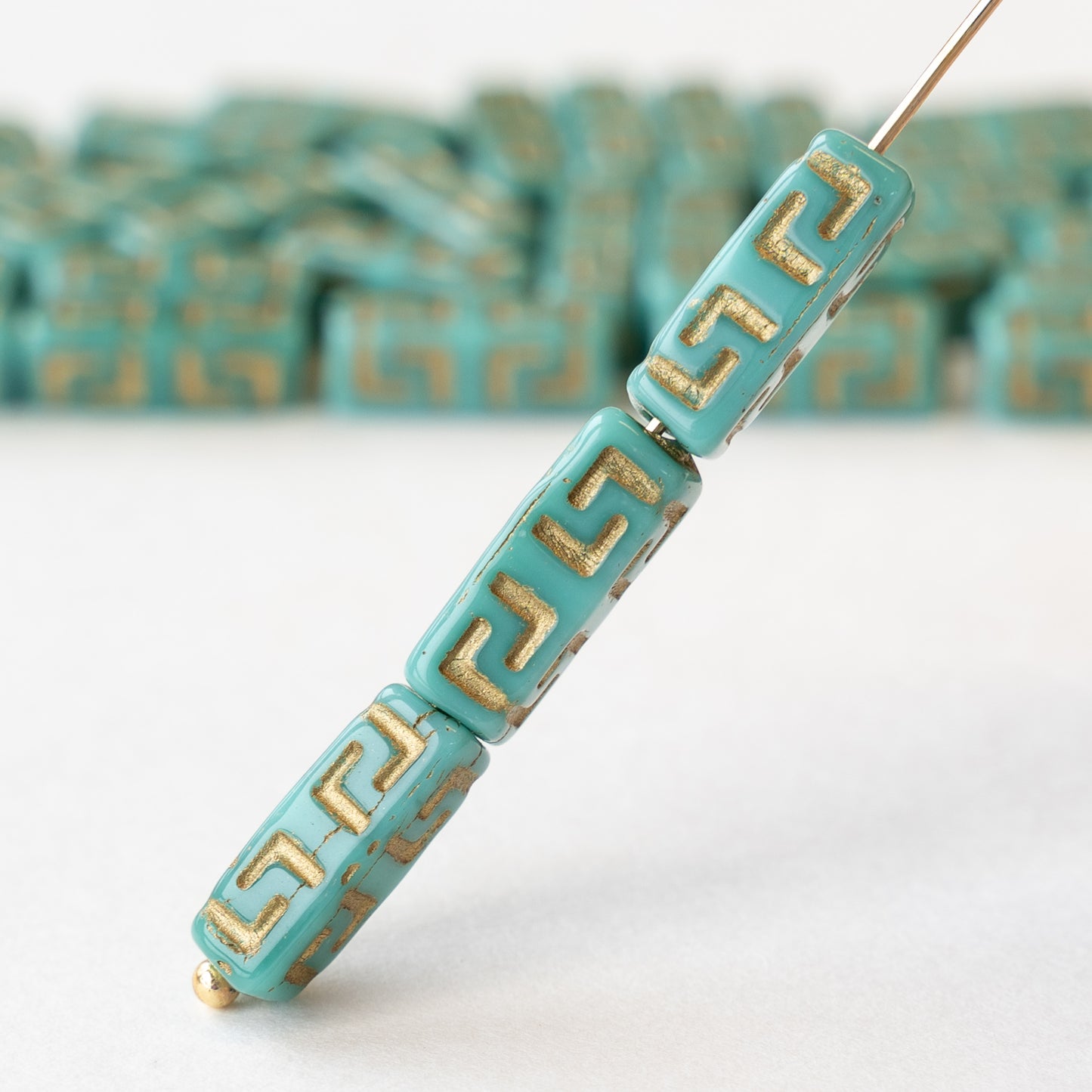 15mm Rectangle Celtic Block Beads - Turquoise with Gold Wash - 10 Beads