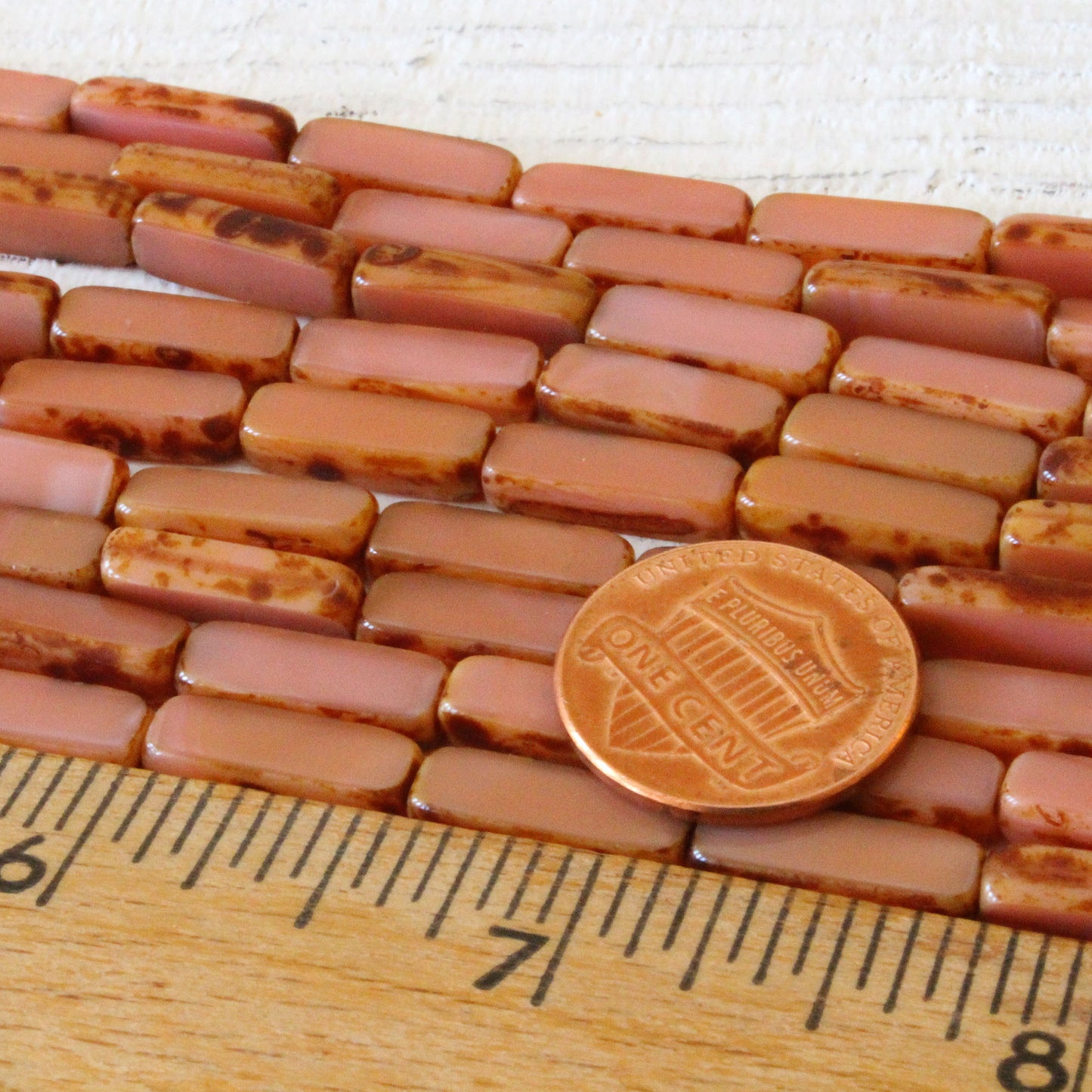 15mm Glass Rectangle Beads - Mauve Pink with Picasso Edges - 14 Beads