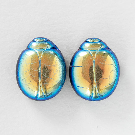 Metallic Scarab Beads - Two Hole - Jet AB -  10 beads