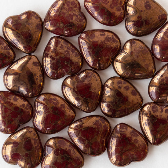 16mm Heart Beads - Garnet Red with Gold Wash - 10 hearts